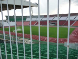 Sprinklers watering the pitch at the Ferenc Puskas Stadium