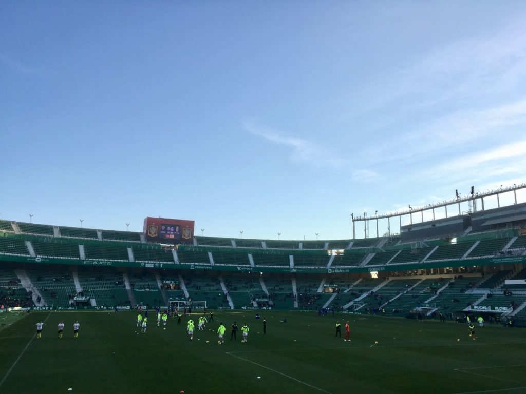 Players warming up at the Estadio Manuel Martínez Valero in Elche