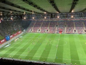 View of the action at the Braga Municipal Stadium from high in the stand, level with the halfway line